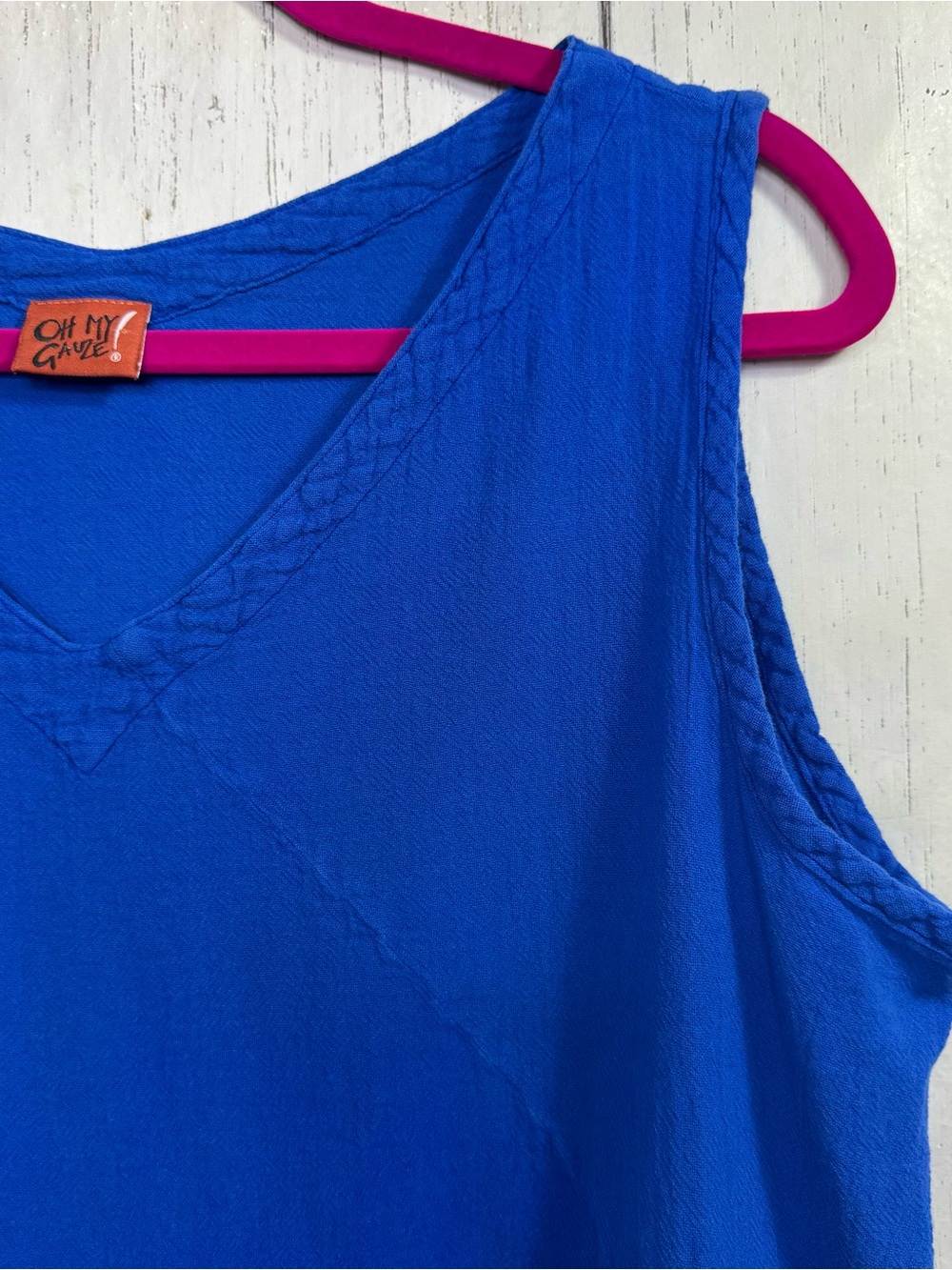 Oh My Gauze Blue 100% Cotton Asymmetrical Tank Top Size L Lagenlook Boho Coastal - Picture 4 of 11